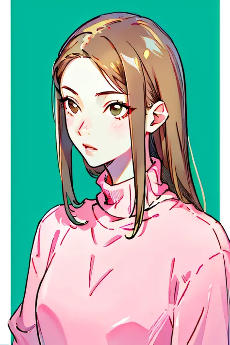 Girl, Long dark brown hair, light brown eyes, sharp features, white skin, pink lips, Perfect, elegant looking, wearing a sweater, bright colors, high quality resolution.