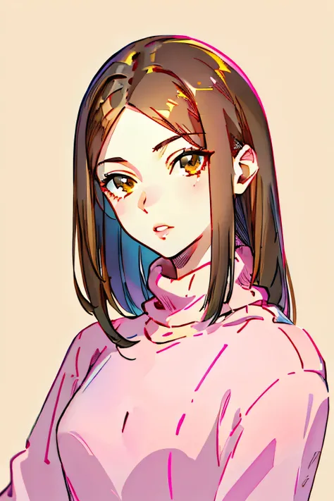 Girl, Long dark brown hair, light brown eyes, sharp features, white skin, pink lips, Perfect, elegant looking, wearing a sweater, bright colors, high quality resolution.