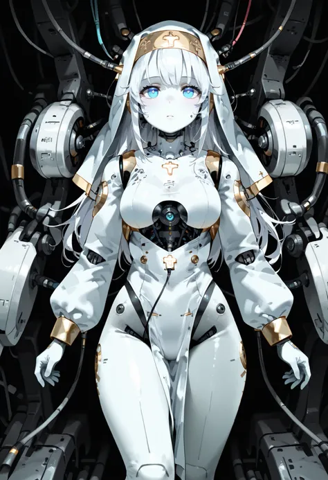 1girl solo, white hair, long hair, blue eyes, android, cable, Machinery Parts, white skin, white bodysuit, Adjutant, robot, front shots, thighs, nun clothes, pelvic curtain, highleg, long sleeves, pantyhose, front shots,