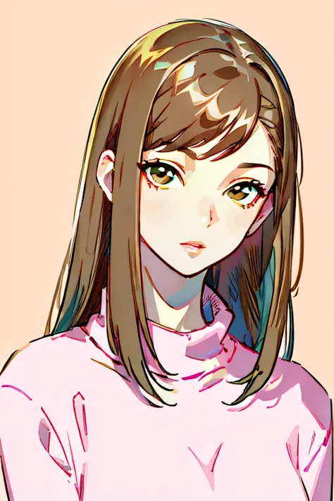 Girl, Long dark brown hair, light brown eyes, sharp features, white skin, pink lips, Perfect, elegant looking, wearing a sweater, bright colors, high quality resolution.