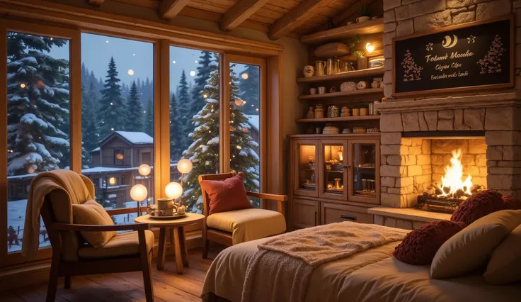 Warm room with a white blanket, with pillows and blankets hugging the pillow , cozy wallpaper, nơi cozy, phòng cozy , cozy environment,distant landscape painting with reverse view , warm chalet in warm light yellow tones , there is a built-in modern firepl...