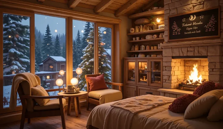 Warm room with a white blanket, with pillows and blankets hugging the pillow , cozy wallpaper, nơi cozy, phòng cozy , cozy environment,distant landscape painting with reverse view , warm chalet in warm light yellow tones , there is a built-in modern firepl...