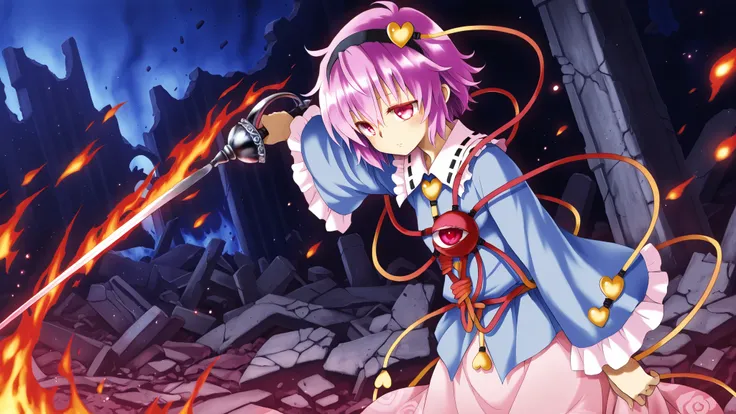 komeiji satori, 1girl, solo, pink eyes, third eye, pink hair, , fire particles, blue background background, underworld, kentaro yabuki style, ruins background, stone ruins, holding medieval rapier, fantasy rapier, red sword hilt, bright gray sword blade