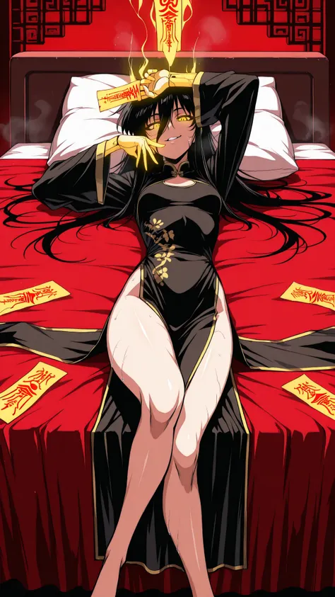 retro_cyberpunk_fusion, masterpiece, best quality, amazing quality, very aesthetic, foreshortening, 1 girl, taoist, wearing black and gold cheongsam, very long sleeves, opened clothes, have extremely long black hair, long bangs, narrowed eyes, yellow glowi...