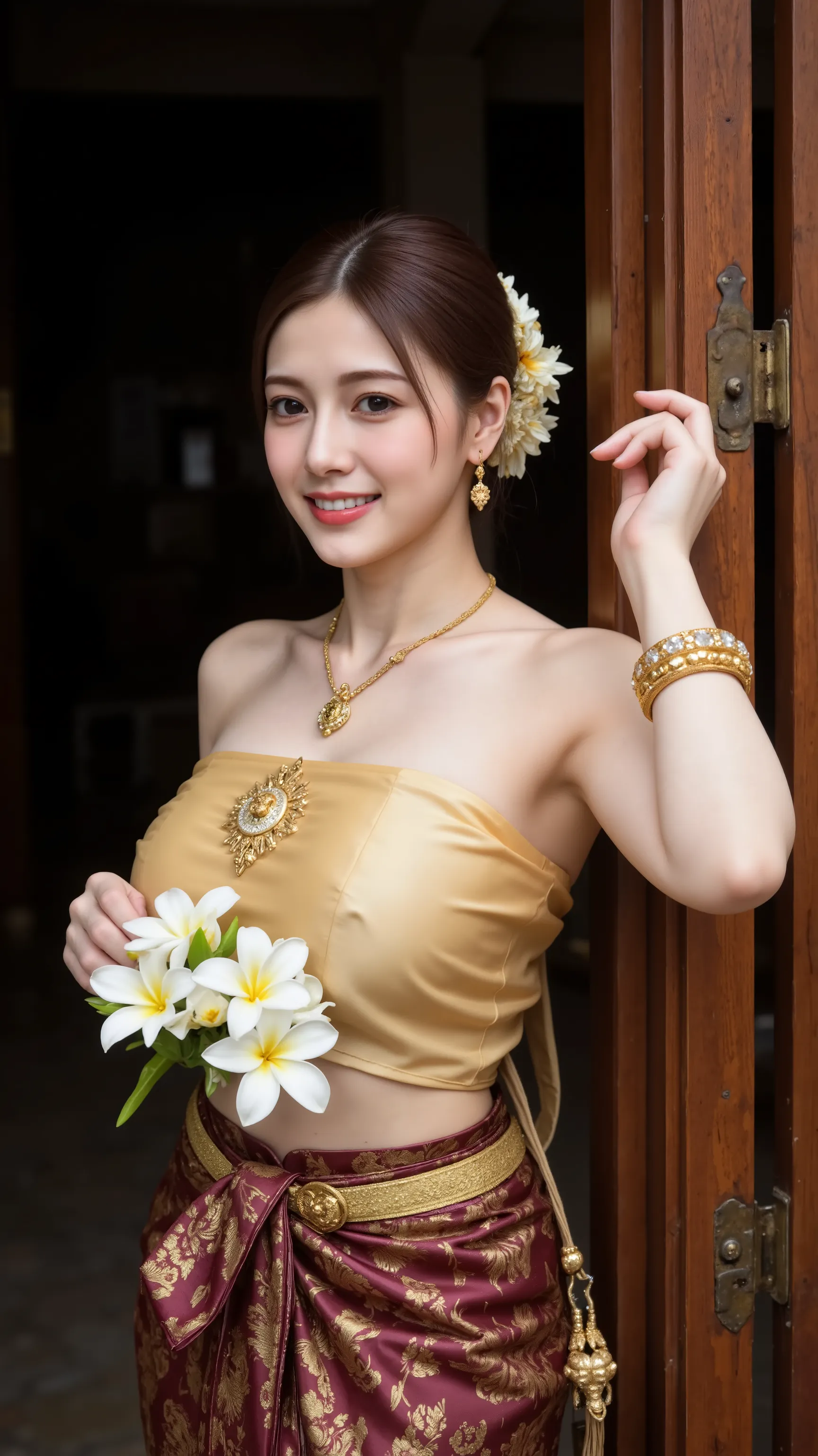 A beautiful Thai woman in traditional Thai costume, wearing a golden silk tube top and a maroon patterned sinh skirt, adorned with intricate golden jewelry including necklace, belt, earrings, and bracelet. She is holding white frangipani (plumeria) flowers...