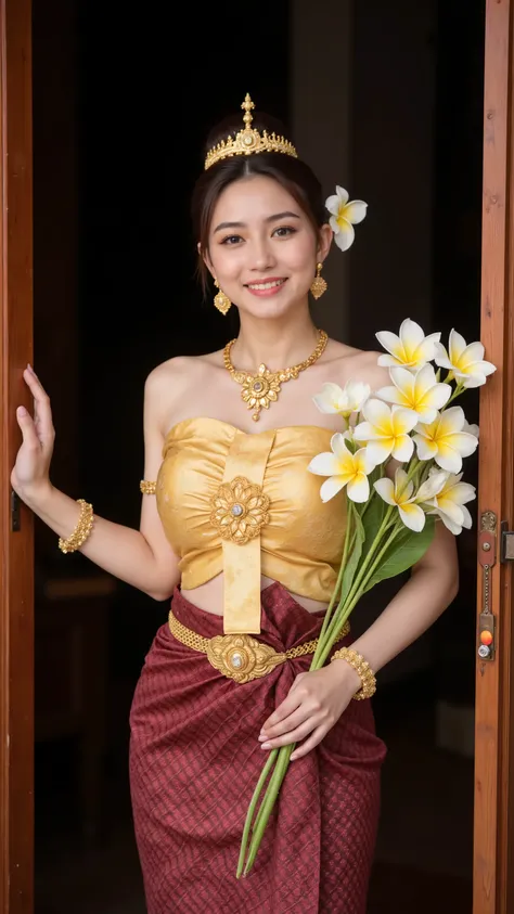 A beautiful Thai woman in traditional Thai costume, wearing a golden silk tube top and a maroon patterned sinh skirt, adorned with intricate golden jewelry including necklace, belt, earrings, and bracelet. She is holding white frangipani (plumeria) flowers...