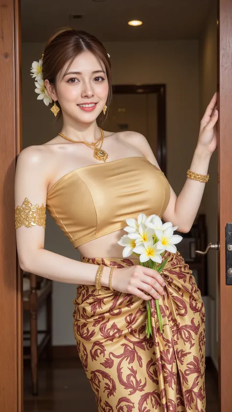 A beautiful Thai woman in traditional Thai costume,((large breasts,sagging breasts)),((skinny ,slim body, slender)),  wearing a golden silk tube top and a maroon patterned sinh skirt, adorned with intricate golden jewelry including necklace, belt, earrings...