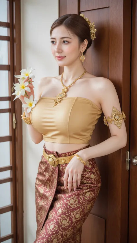 A beautiful Thai woman in traditional Thai costume,((large breasts,sagging breasts)),((skinny ,slim body, slender)),  wearing a golden silk tube top and a maroon patterned sinh skirt, adorned with intricate golden jewelry including necklace, belt, earrings...