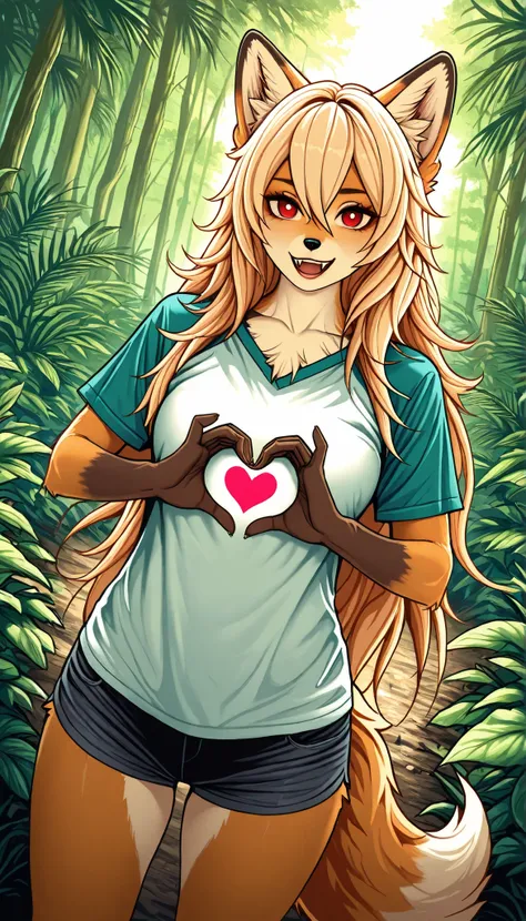 (source_furry, 1girl, solo, cub, animal ears, long hair, furry female, furry, tail, red eyes, fox girl, fox tail, fox ears, open mouth, shirt), (extremely detailed CG unit 8k wallpaper),(master part), (best quality), (ultra detail), (best illustration),(da...