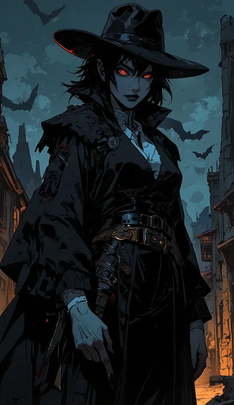 Adult Woman, style like in anime Hellsing OVA version, vampire, pale skin, short black hair in male style, cowboy, black coat, wide-toed hat on head, scarlet eyes, bats in the background, gothic, dark fantasy, village in night desert in the background. Goo...