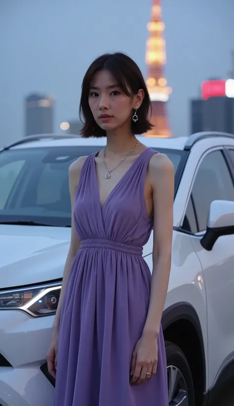 Front view, full body, looking at viewer , The latest SUV, a TOYOTA, is white in color, and a Japanese actress with short short hair stands beside it, wearing a gorgeous violet dress and posing with one hand on the car, earing and neckless jewel, in the...