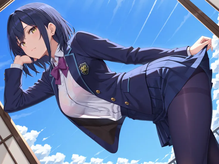 solo,masterpiece,best quality, amazing quality, highres, absurdres, very aesthetic, high resolution, ultra detailed, perfect details,nijirin,medium breasts,yellow eyes,blue hair,black hair,moles,medium hair,nijirincos,white shirt,collared shirt,purple bowt...