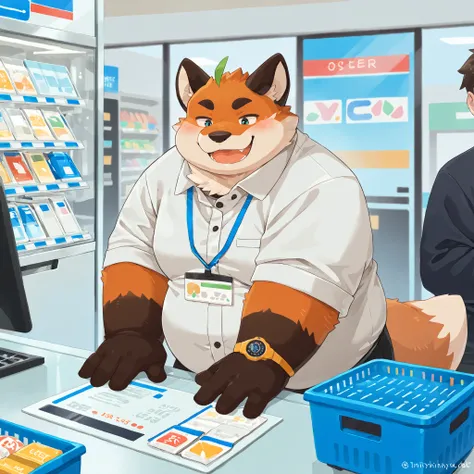 masterpiece, 最High Quality, High Quality, vibrant, very aesthetic, Fox, One person, chubby、2 people who are overweight、fat face、,blush、（、、convenience store clerk、convenience store aprons, Cashier、Watch ghosts、