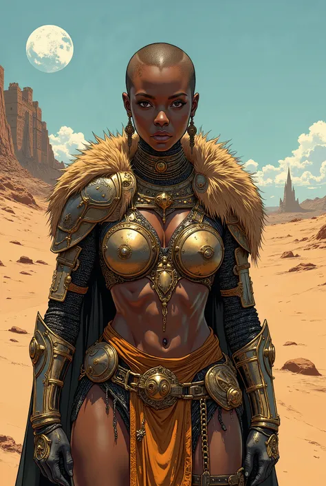 A young black African woman. Her hair is completely shaved. She is wearing Chain mail Knight's leopard fur heavy armor.. A medieval sandy planet with 2 moons and a medieval castle. ((gros sein affaissé)). ((Fine African warrior)). bijoux en or. ((gold earr...