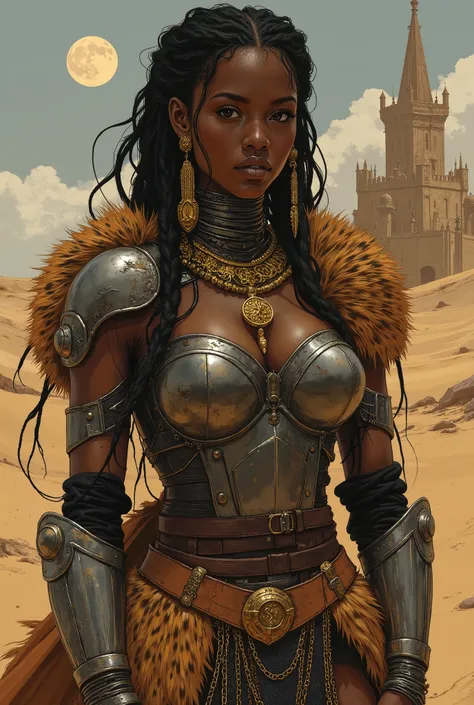 A young black African woman. Coiffure africaine sophistiquée ((dreadlocks)). She is wearing Chain mail Knight's leopard fur heavy armor.. A medieval sandy planet with 2 moons and a medieval castle. ((gros sein affaissé)). ((Fine African warrior)). bijoux e...