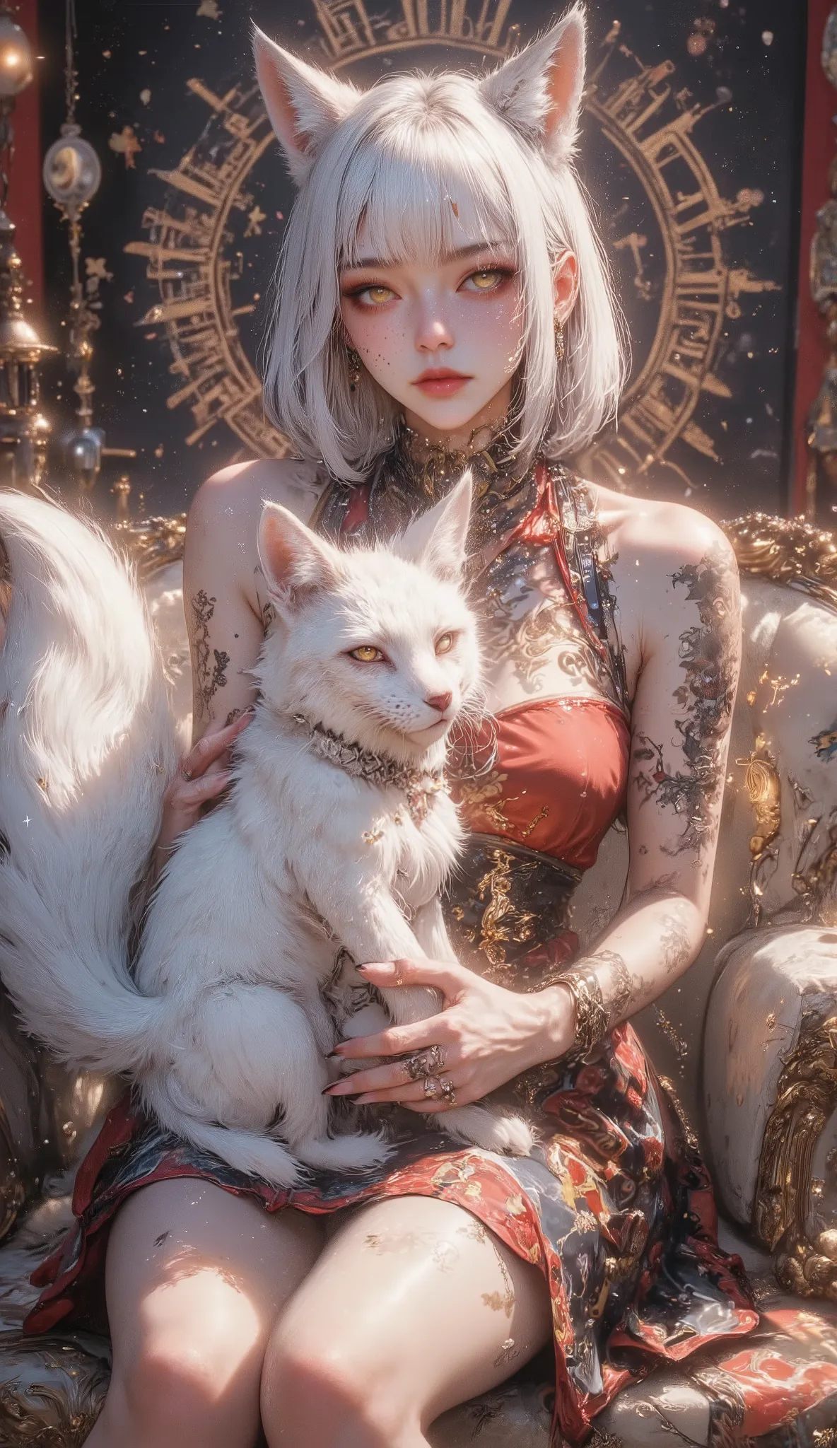 solo, female and a white little fox, womanhood, (whole body portrait), (((The composition of the portrait is such that the whole body is depicted from the front))), (the female is holding a cute white little fox and sitting on a large sofa), (She's showing...