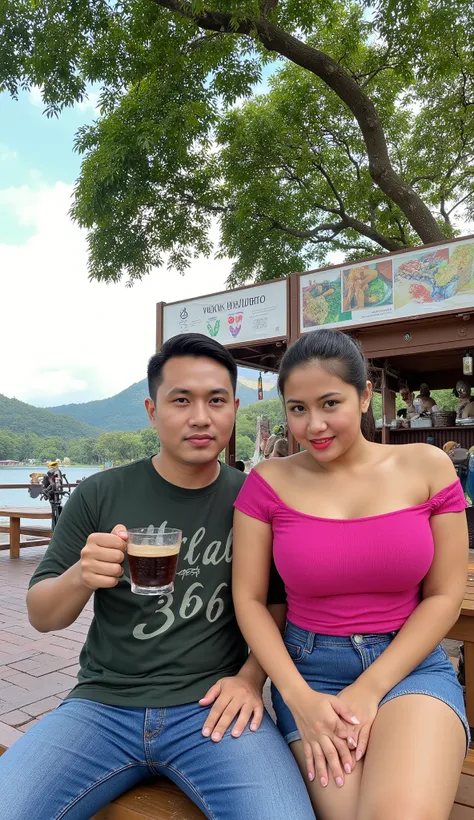 Facing forward, low angle shot. an Indonesian man wearing a dark green tshirt with the words "366" written on it, jeans, sitting on a wooden bench, he is holding a glass cup of black coffee, beside him a curvy woman red lipstick,  with her hair tied, she i...
