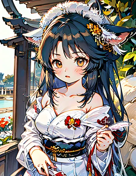 Young Adult Woman、145 cm tall 、Babyface、round face、Dark eyebrows、my gills are slightly stretched、semi-long、Standard body type、dark haired、The appearance of a fox turned into a human、（silvery fox ears 1：1.8）、The chin is rounded、Target upload、is moving、Swayi...