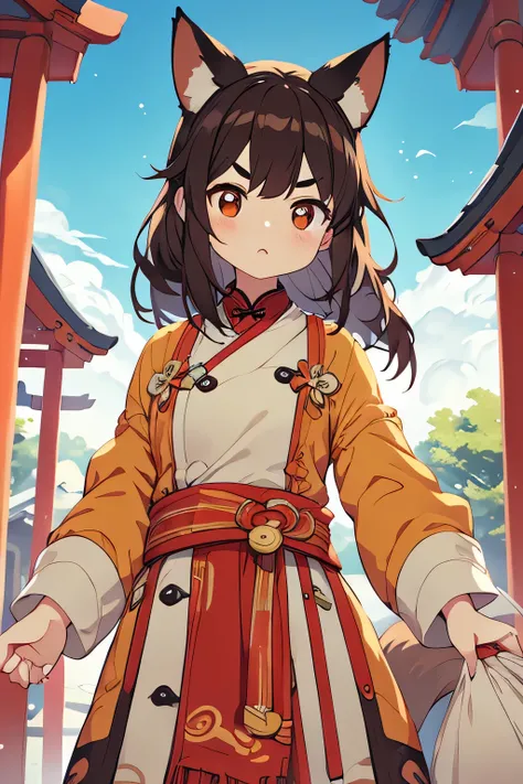 Young Adult Woman、145 cm tall 、Babyface、round face、Dark eyebrows、my gills are slightly stretched、semi-long、Standard body type、dark haired、The appearance of a fox turned into a human、brown fox ears、The chin is rounded、Target upload、is moving、Swaying Hair、lo...