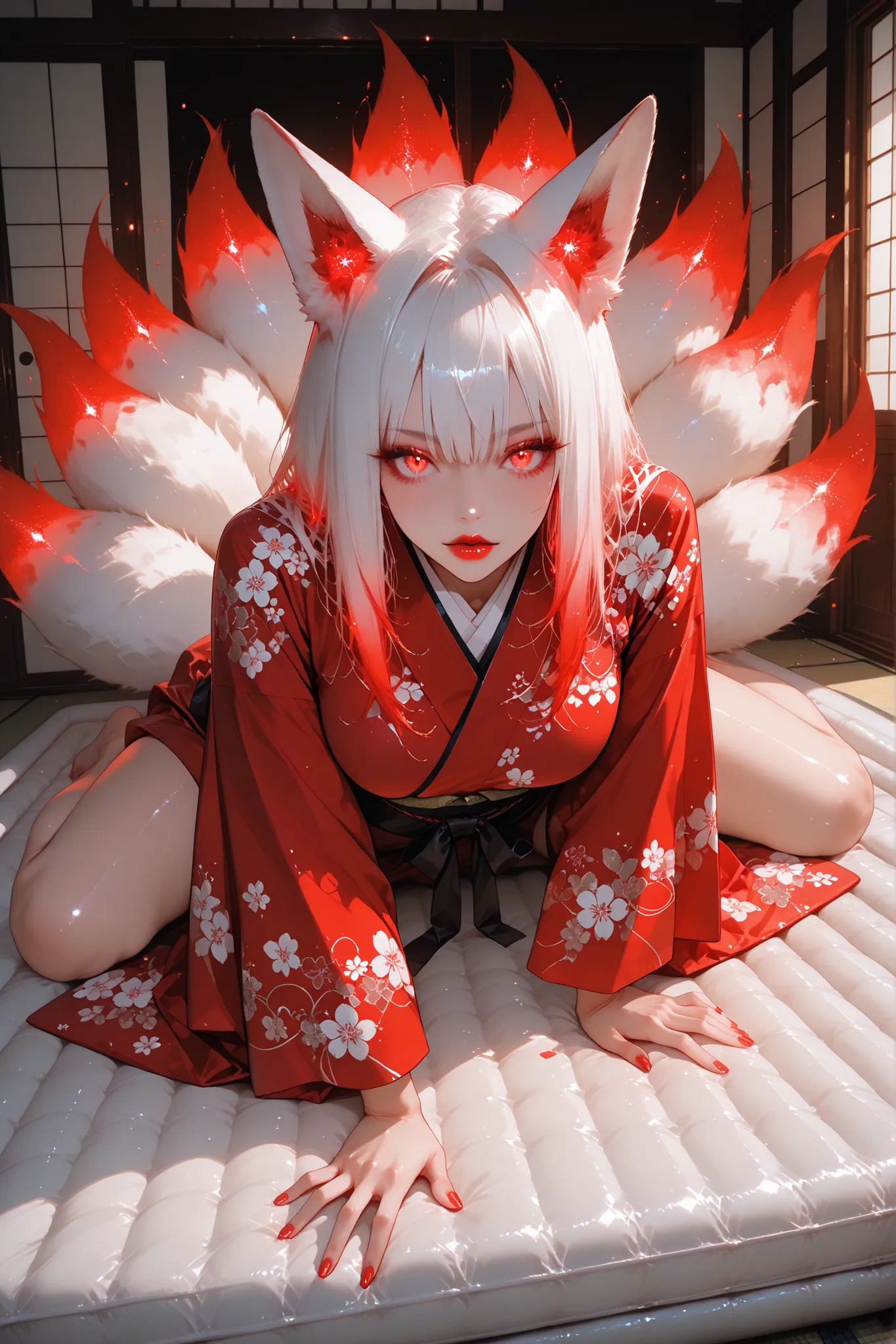 masterpiece, best quality, bright, very aesthetically pleasing, high contrast, newest, 1 divinely beautiful adult fox woman, nine-tailed fox woman, girl with fox ears, pinkish white hair, shiny hair, wearing a beautiful kimono with slits on both sides, sit...