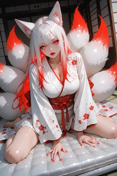 masterpiece, best quality, bright, very aesthetically pleasing, high contrast, newest, 1 divinely beautiful adult fox woman, nine-tailed fox woman, girl with fox ears, pinkish white hair, shiny hair, wearing a beautiful kimono with slits on both sides, sit...