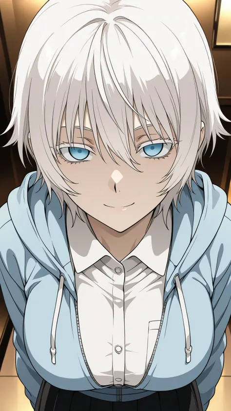mozu,jormungand
High quality ,  best quality , masterpiece,  High Resolution ,anatomically correct,),anime coloring,
solo, 1 girl, adult
White hair, short hair, wolf cut, blue eyes, empty eyes, large breasts, White collar shirt, black skirt, blue hoodie ja...