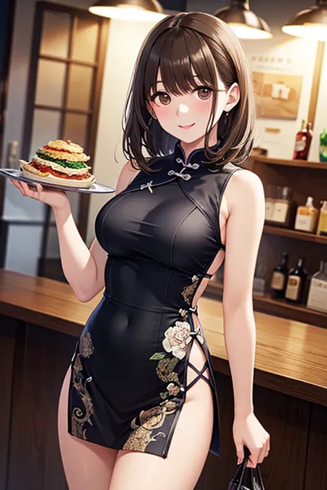 Chinese Shop in Town、black sexy sleeveless china dress mini dress、Carrying food、waitress、customer 、table、
，


、
.


,,,,
.

.


.
.


, ...

.
.
、, 


,( masterpiece, best quality, high resolution, ultra high resolution, pixel perfect, depth of field, 4K, RTTX10.0),
、Anegasaki Nene, shiny brown hair, beautiful brown eyes, smiling face, , (fine grain), , highly detailed face,, (masterpiece:1.2, best quality), ((only1 girl)), ((cowboy shot))