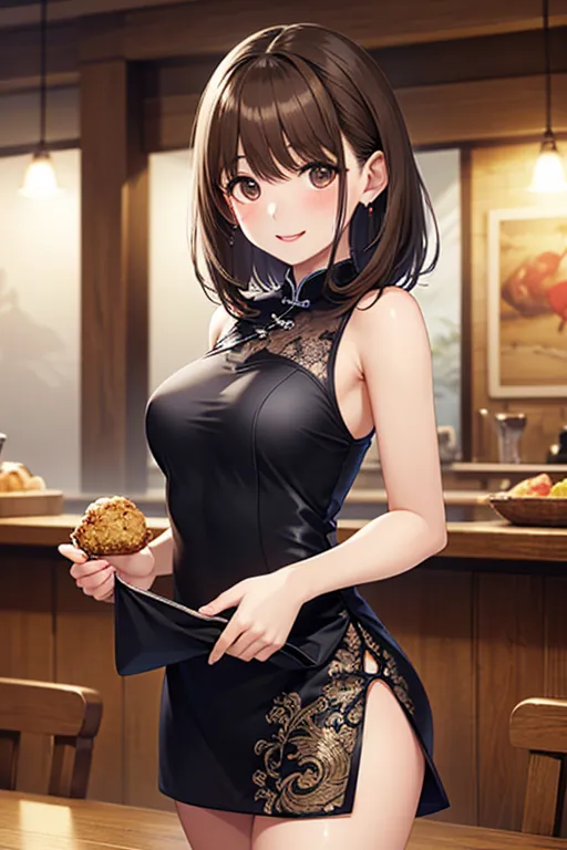 Chinese Shop in Town、black sexy sleeveless china dress mini dress、Carrying food、waitress、customer 、table、
，


、
.


,,,,
.

.


.
.


, ...

.
.
、, 


,( masterpiece, best quality, high resolution, ultra high resolution, pixel perfect, depth of field, 4K, RTTX10.0),
、Anegasaki Nene, shiny brown hair, beautiful brown eyes, smiling face, , (fine grain), , highly detailed face,, (masterpiece:1.2, best quality), ((only1 girl)), ((cowboy shot))
