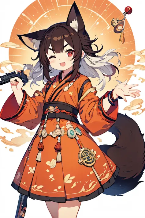 Young Adult Woman、145 cm tall 、Babyface、round face、Dark eyebrows、has a slight stretch、semi-long、Standard body type、dark haired、The appearance of a fox turned into a human、brown fox ears、The chin is rounded、Target upload、is moving、Swaying Hair、I'm looking a...