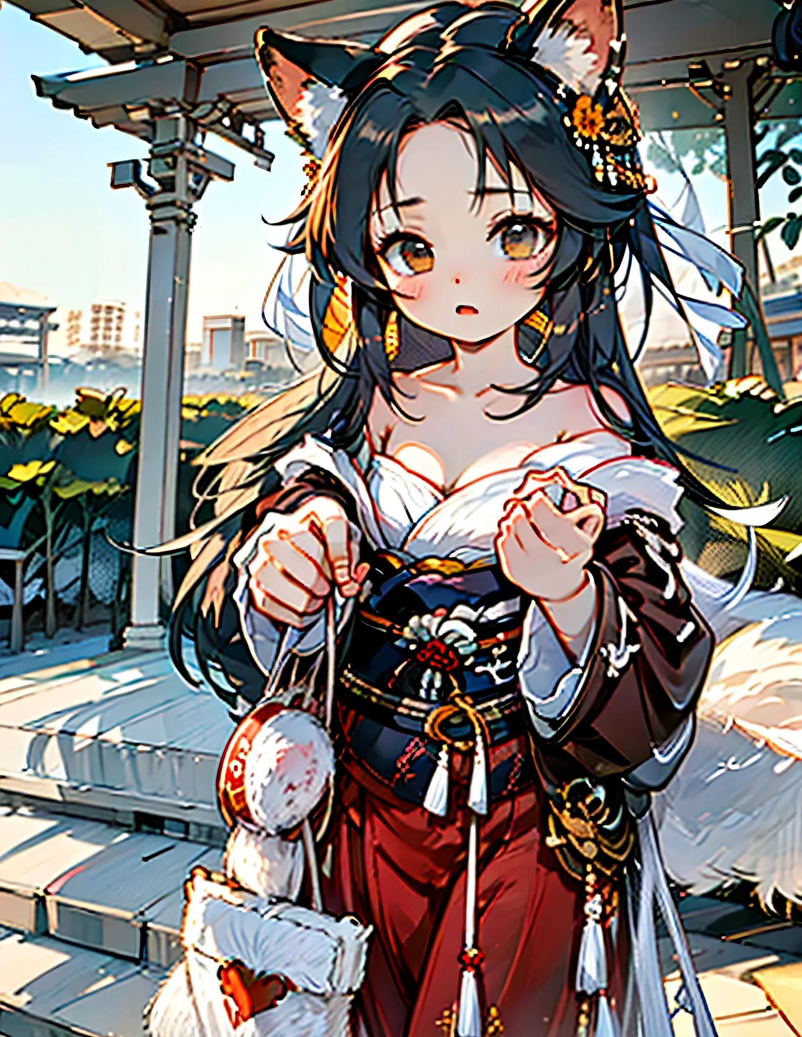 Young Adult Woman、145 cm tall 、Babyface、round face、Dark eyebrows、my gills are slightly stretched、semi-long、Standard body type、dark haired、The appearance of a fox turned into a human、brown fox ears、The chin is rounded、Target upload、is moving、Swaying Hair、lo...