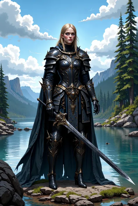 In RPG style, in style of Dungeons & Dragons, in style of fantasy painting. Full body view, looking at the viewer. Image of a female warrior, holding a sword with dark blade. Dark metal Armor. Dark pants. High leather boots with small heels. Blonde hair. p...
