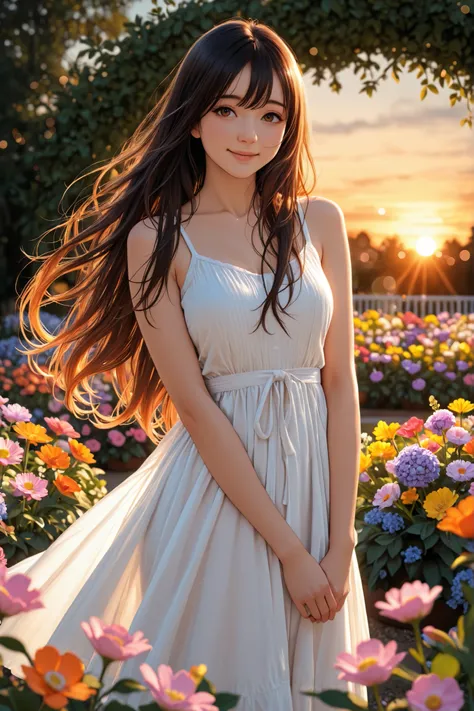 masterpiece, best quality, ultra-detailed, 1 girl, soft lighting, gentle smile, long flowing hair, white sundress, flower garden, warm sunset, bokeh effect, depth of field, natural pose, spring atmosphere