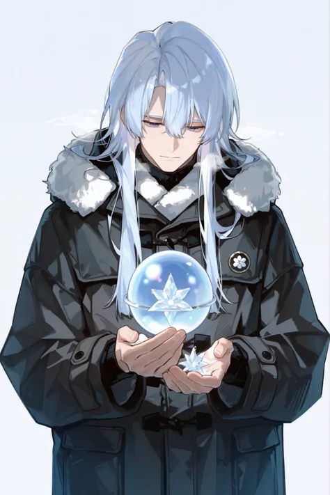 male,25 years old,The hair is white to blue,Wear a wool winter coat,Holding a white crystal ball in his hand, no background