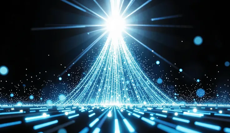 A visually stunning digital illustration symbolizing organizational clarity and momentum. The image features a burst of radiant white light at the top center, representing absolute clarity, purpose, or vision. From the bottom of the composition, hundreds o...