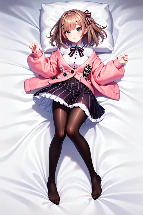 hmsl1, (1 person:1.5), Suzuhara Ruru, medium hair, pink ribbon, chest, jewelry, pink cardigan, brooch, white shirt, Vertical striped mini skirt, vertical striped pantyhose, embarrassing, Red cheeks, Seducing Men, white sheets, Lie on your back, Full Body, ...