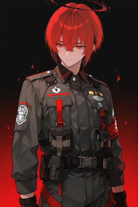 Young male,Black Angel Aura,Combat uniform,Jackets,black and red tone,Blank Background