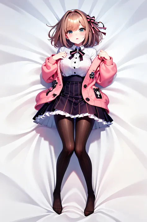hmsl1, (1 person:1.5), Suzuhara Ruru, medium hair, pink ribbon, chest, jewelry, pink cardigan, brooch, white shirt, Vertical striped mini skirt, vertical striped pantyhose, embarrassing, Red cheeks, Seducing Men, white sheets, Lie on your back, Full Body, ...