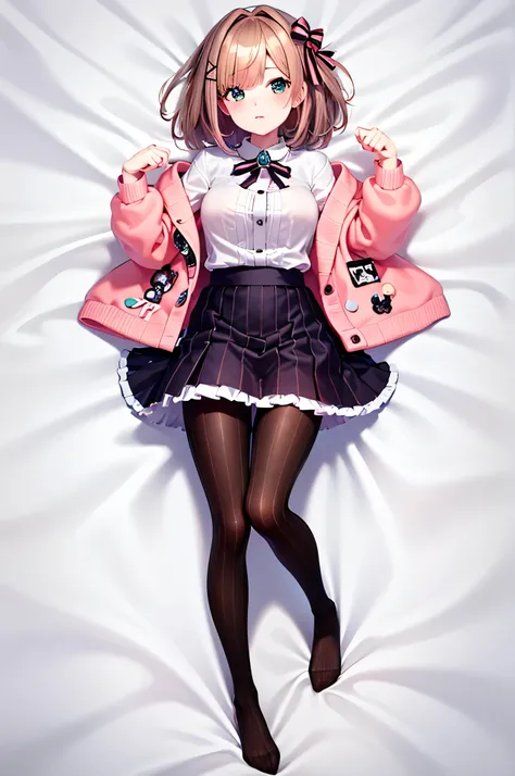 hmsl1, (1 person:1.5), Suzuhara Ruru, medium hair, pink ribbon, chest, jewelry, pink cardigan, brooch, white shirt, Vertical striped mini skirt, vertical striped pantyhose, embarrassing, Red cheeks, Seducing Men, white sheets, Lie on your back, Full Body, ...