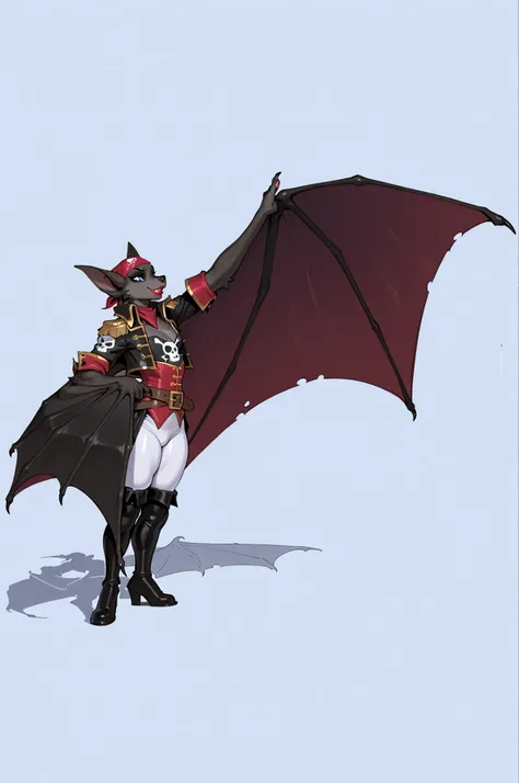 venusbody, thick thighs, anthro bat, wearing a black and white pirate clothes and a red pirate bandana, masterpiece, high quality, great Patagium arms wings, male, long snout, dark fur, blue eyes , drag makeup, drag queen, femboy, big ears, red lipstick, a...