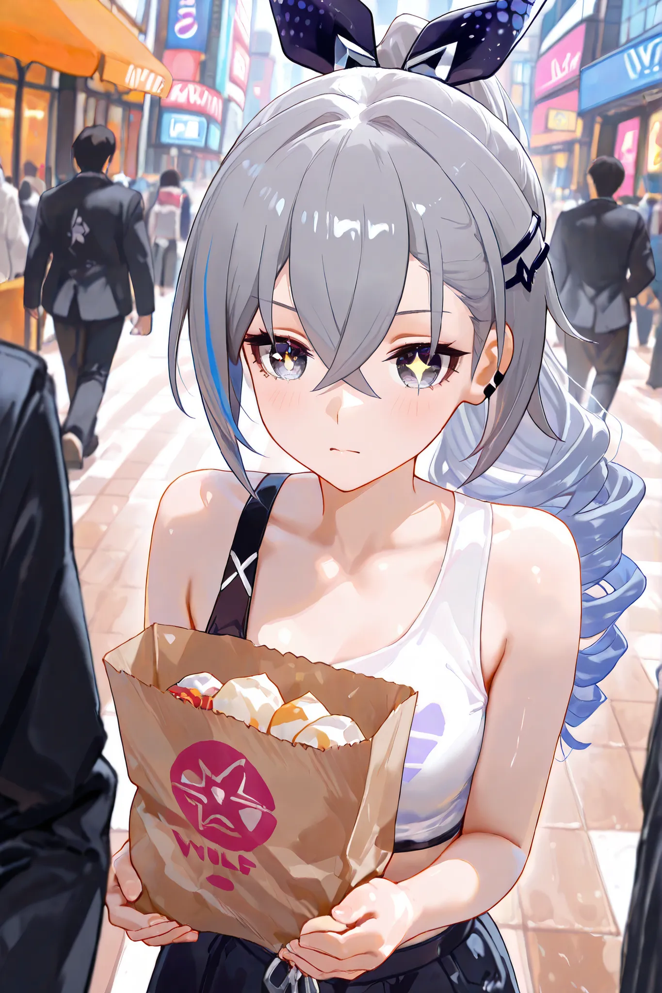 (Masterpiece, high definition, high quality, high image quality), walking through Akihabara with sparkling eyes, Silver Wolf (Honkai Star Rail), holding paper bags in both hands, Akihabara's main street, summer sunshine, vivid colors, exciting atmosphere