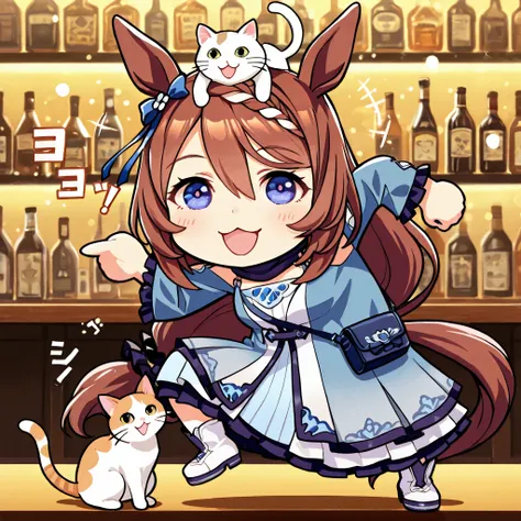 chibi, (masterpiece, best quality, perfect face:1.4), wide angle, super creek \(umamusume\), horse ears, ear ornament, horse tail, tail on the lower back, proportional body, proportional, beautiful hair, beautiful face, beautiful detailed eyes, beautiful c...