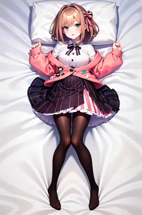 hmsl1, (1 person:1.5), Suzuhara Ruru, medium hair, pink ribbon, chest, jewelry, pink cardigan, brooch, white shirt, Vertical striped mini skirt, vertical striped pantyhose, embarrassing, Red cheeks, Seducing Men, white sheets, Lie on your back, Full Body, ...
