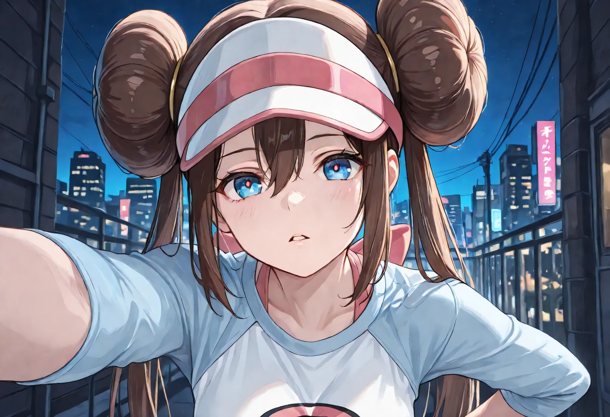 masterpiece, best quality, amazing quality, kabedon on viewer, absurdres, newest, 1girl, solo, outdoors, zzrosa, brown hair, double bun, doughnut hair bun, hair bun, blue eyes, hair between eyes, twintails, raglan sleeves, white shirt, blue sleeves, visor ...