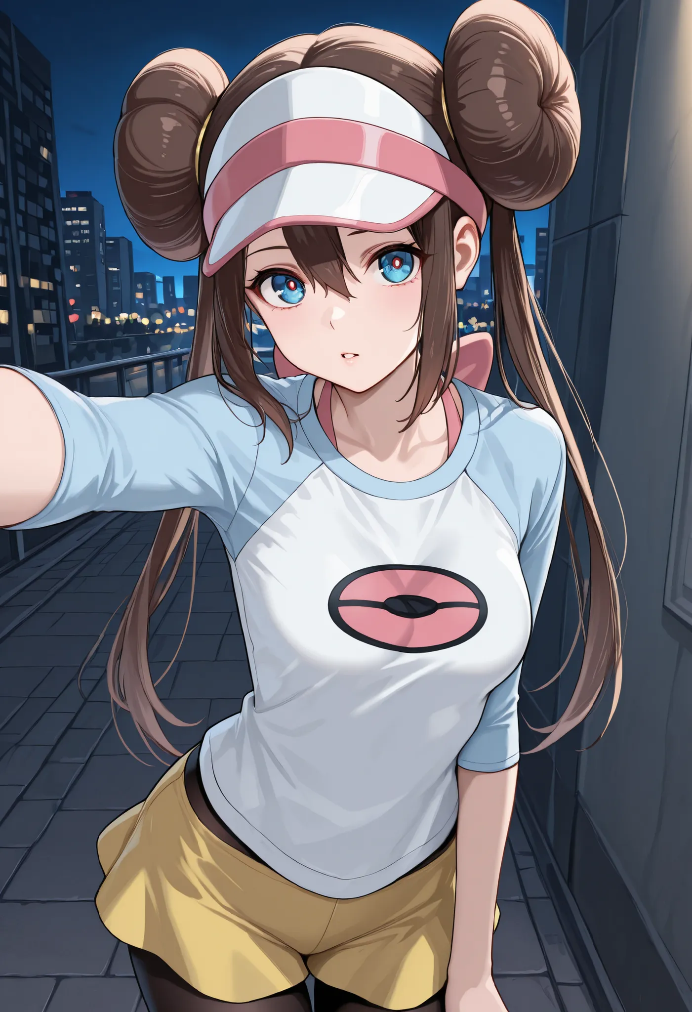 masterpiece, best quality, amazing quality, kabedon on viewer, absurdres, newest, 1girl, solo, outdoors, zzrosa, brown hair, double bun, doughnut hair bun, hair bun, blue eyes, hair between eyes, twintails, pantyhose, pantyhose under shorts, raglan sleeves...