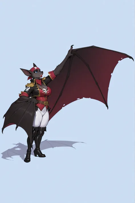 venusbody, thick thighs, huge breasts, anthro bat, wearing a black and white pirate clothes and a red pirate bandana, masterpiece, high quality, great Patagium arms wings, male, long snout, dark fur, blue eyes , drag makeup, drag queen, femboy, big ears, r...
