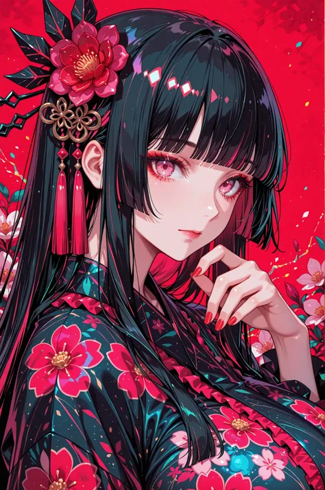 woman, solo, red nails, looking at viewer, bangs, pink eyes, long hair, black hair, hair ornament, hand up, flower, blunt bangs, closed mouth, tassel, ribbon, portrait, colorful, red background, frills, multicolored hair, upper body, floral yukata, giganti...