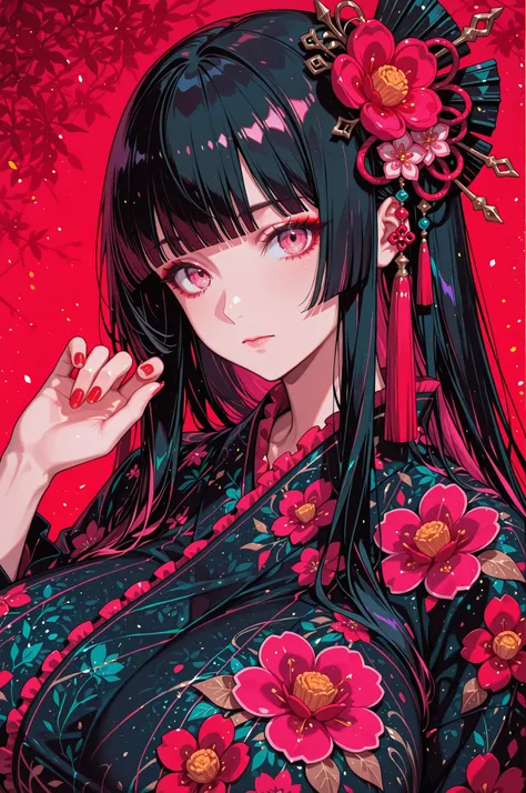 woman, solo, red nails, looking at viewer, bangs, pink eyes, long hair, black hair, hair ornament, hand up, flower, blunt bangs, closed mouth, tassel, ribbon, portrait, colorful, red background, frills, multicolored hair, upper body, floral yukata, giganti...