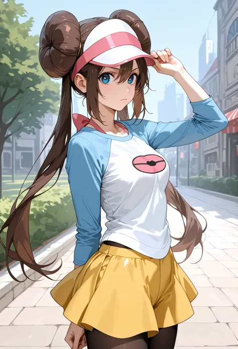 score_9, score_8_up, score_7_up, nh, hat tip, hand on headwear, adjusting headwear, tipping_hat, 1girl, solo, outdoors, rosa, serious, brown hair, double bun, doughnut hair bun, hair bun, blue eyes, hair between eyes, twintails, pantyhose, pantyhose under ...