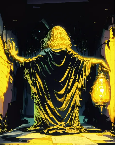 In a forgotten alley lit by an old yellow streetlight, a girl whispers a story while holding a flickering lantern. From behind, the silhouette of the 'Velha da Capa Preta' looms—an old woman in a long black cloak, face hidden, with claw-like hands reaching...