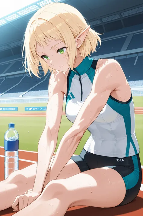A female elf sprinter with short blonde hair, taking a break after intense summer training at a track stadium. She is wearing high-performance athletic wear: a tight-fitting sleeveless top and compression shorts, with running spikes. Her pointed ears peek ...